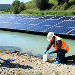 **

A group of environmental technicians in Italy, wearing safety vests, collecting water samples from a sparkling river. In the background, a modern water treatment plant with solar panels. The scene emphasizes clean water and advanced technology, showcasing a positive career in water management. Focus on a bright, sunny day and healthy environment.

**