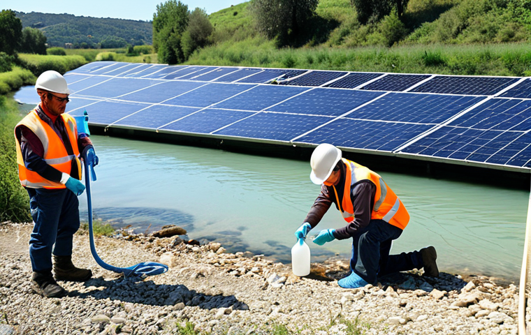 **

A group of environmental technicians in Italy, wearing safety vests, collecting water samples from a sparkling river. In the background, a modern water treatment plant with solar panels. The scene emphasizes clean water and advanced technology, showcasing a positive career in water management. Focus on a bright, sunny day and healthy environment.

**
