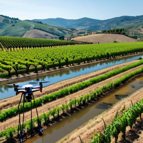 Home 6 **
A vibrant image showcasing a high-tech water monitoring system deployed in the Tuscan countryside. Focus on advanced sensors immersed in a river, with drones equipped with multispectral cameras flying overhead. In the background, depict rolling hills and vineyards, emphasizing the importance of early pollution detection for environmental and public health. The style should be modern and slightly futuristic, highlighting technological innovation.
**