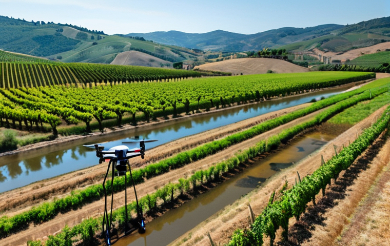 **

A vibrant image showcasing a high-tech water monitoring system deployed in the Tuscan countryside. Focus on advanced sensors immersed in a river, with drones equipped with multispectral cameras flying overhead. In the background, depict rolling hills and vineyards, emphasizing the importance of early pollution detection for environmental and public health. The style should be modern and slightly futuristic, highlighting technological innovation.

**