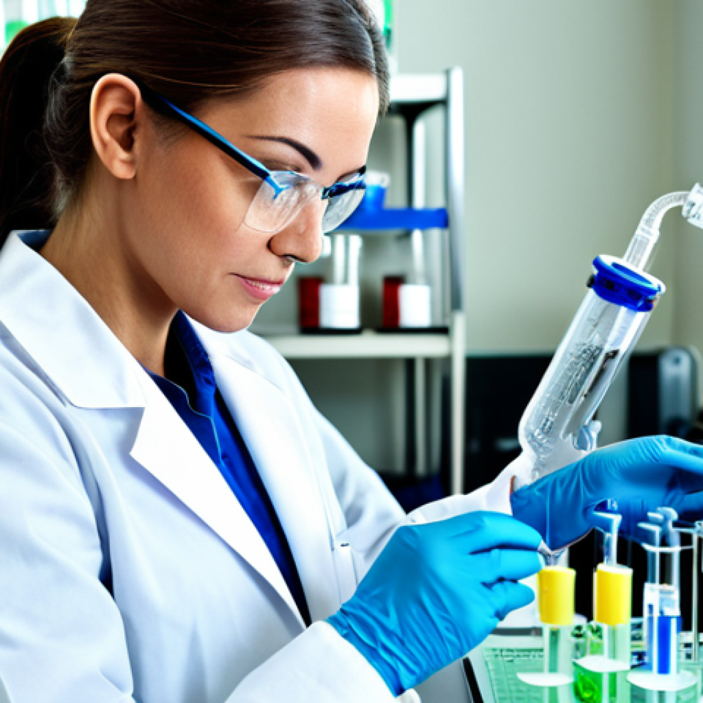 **

A professional female chemist in a fully equipped laboratory, wearing a lab coat and safety glasses, fully clothed, appropriate attire, analyzing a water sample. Background includes beakers, test tubes, and scientific equipment.  Focus on precision and detail, well-lit environment, safe for work, perfect anatomy, natural proportions, professional lab setting, high quality image, family-friendly.

**