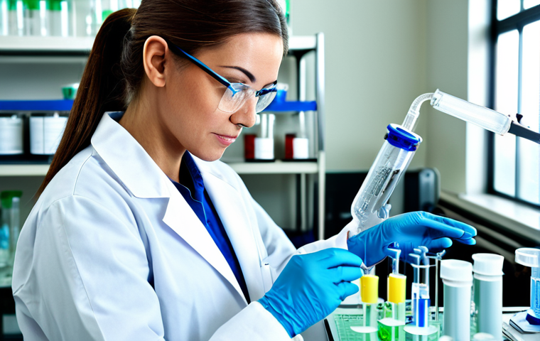 **

A professional female chemist in a fully equipped laboratory, wearing a lab coat and safety glasses, fully clothed, appropriate attire, analyzing a water sample. Background includes beakers, test tubes, and scientific equipment.  Focus on precision and detail, well-lit environment, safe for work, perfect anatomy, natural proportions, professional lab setting, high quality image, family-friendly.

**