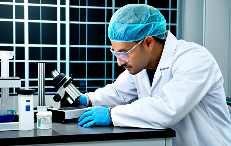 수질환경기사 시험 난이도 - "A fully clothed environmental technician in appropriate attire, analyzing a water sample in a moder...