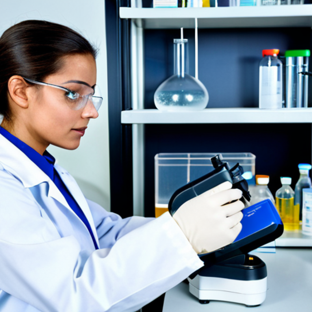 수질환경 직무별 필요 역량 - **

A female environmental chemist in a fully-equipped laboratory, analyzing a water sample with a s...