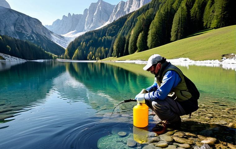 수질환경 평가보고서 작성법 - Image Prompt 1: The Art of Precision Water Sampling in an Italian Alpine Lake**