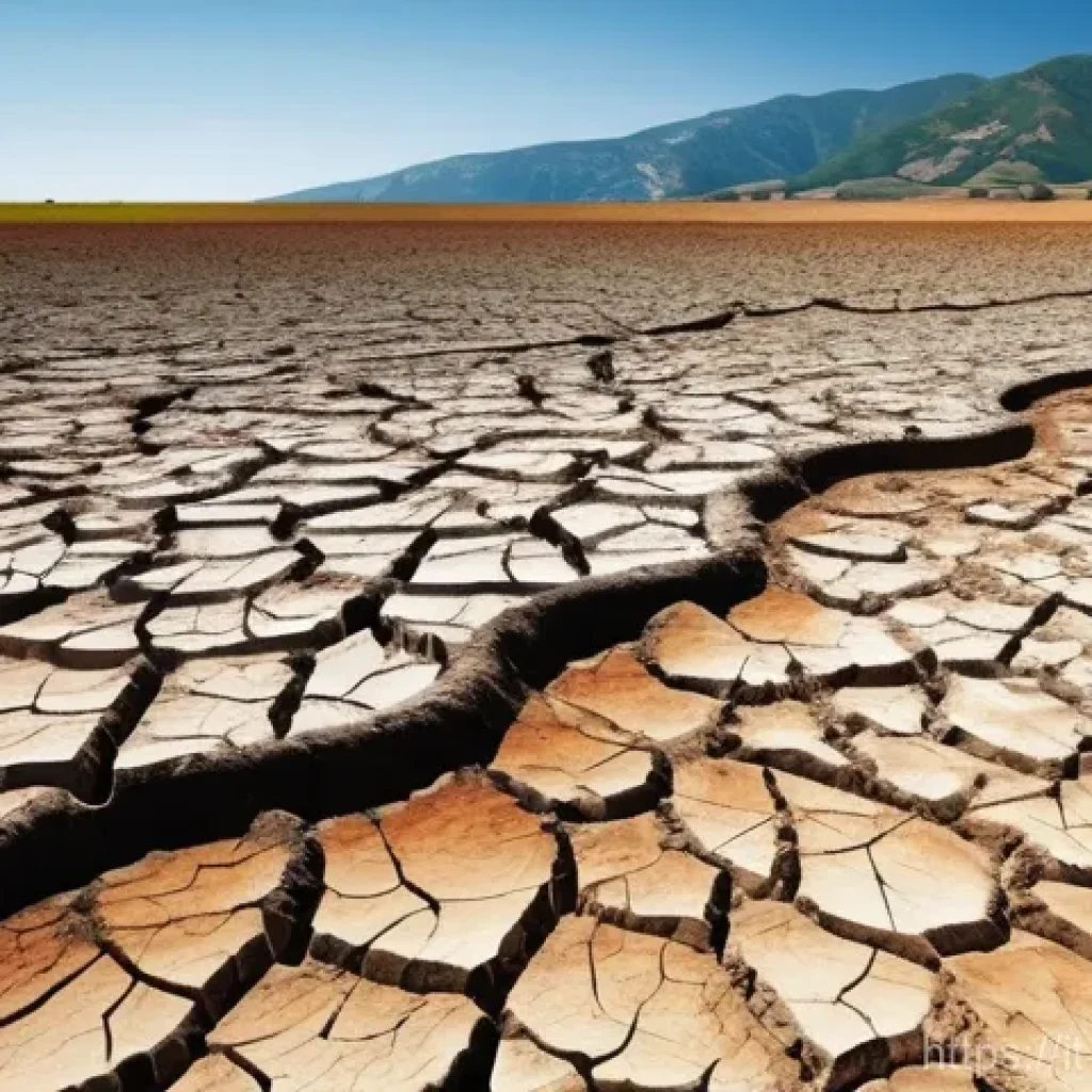 수질환경 관리와 배출수 규제 - **Prompt:** A dramatic, realistic photograph capturing the severe impact of drought and aging water ...