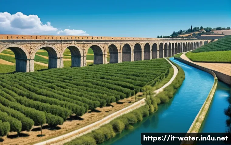 수질환경 관리와 기술 혁신 사례 - **Prompt:** A visually striking juxtaposition of ancient Roman aqueduct ruins in a sun-drenched Ital...