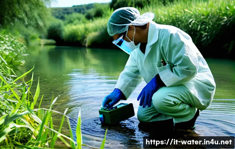 수질환경기사 자격증 필요성 - A professional environmental technician wearing protective gear and a lab coat, conducting water qua...