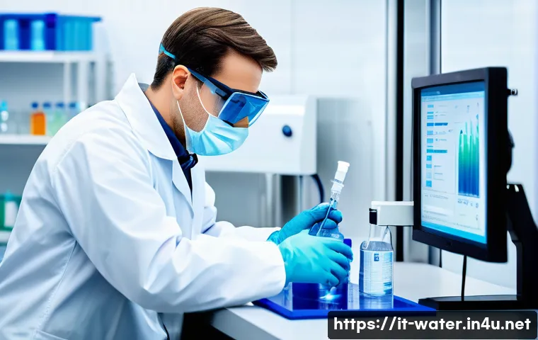 수질환경 관련 자격증 비교 - A professional water quality technician in a modern laboratory setting, wearing safety glasses and p...