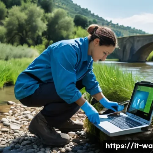 수질환경 전문가 업무 일기 - A detailed scene of an Italian environmental scientist conducting water quality monitoring at a sere...