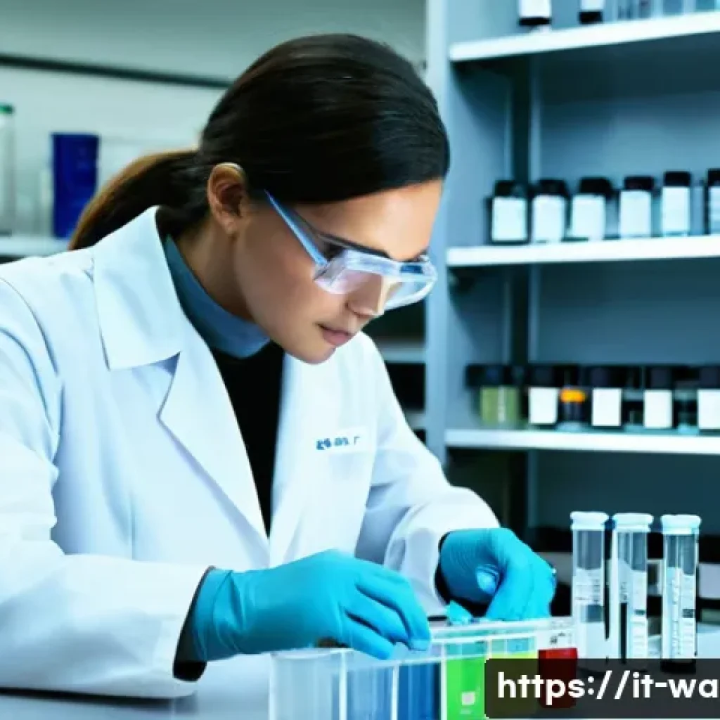 수질환경 시험 기출문제 분석 - A detailed laboratory scene focused on water chemical analysis: a scientist wearing a lab coat and s...