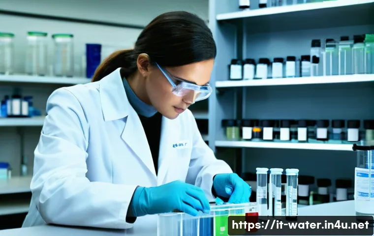 수질환경 시험 기출문제 분석 - A detailed laboratory scene focused on water chemical analysis: a scientist wearing a lab coat and s...