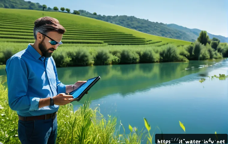 수질환경 분야 전문 서적 추천 - A high-tech environmental scientist operating a drone equipped with multispectral cameras over a cle...
