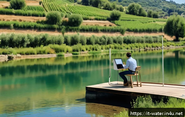 수질환경 분야 연구 동향 - A high-tech river monitoring station in a picturesque Italian countryside, featuring sleek IoT water...