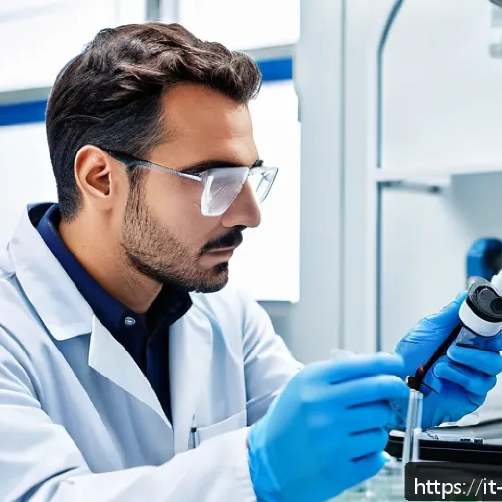 수질환경 측정장비 유지보수 - A professional laboratory technician in a modern Italian water quality testing lab, carefully calibr...