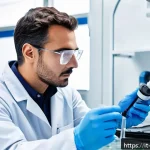 Home 22 수질환경 측정장비 유지보수 - A professional laboratory technician in a modern Italian water quality testing lab, carefully calibr...