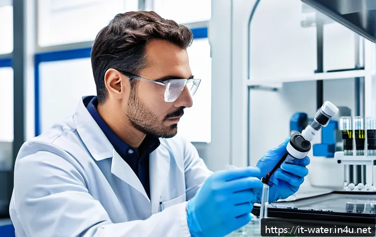 수질환경 측정장비 유지보수 - A professional laboratory technician in a modern Italian water quality testing lab, carefully calibr...