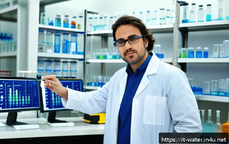 수질환경 분야 공기업 취업 준비 - A professional environmental scientist in a modern Italian water quality laboratory, wearing a white...