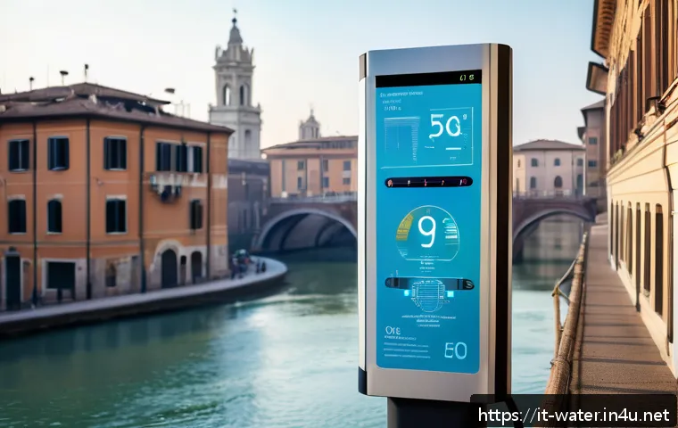 수질환경 분야 발전 가능성 - A modern Italian smart water monitoring system installed in an urban environment, featuring sleek Io...