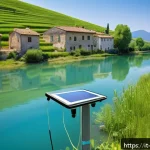 Home 18 수질환경 직업에 필요한 소프트웨어 - A detailed scene of an advanced water quality monitoring system installed in a natural river environ...