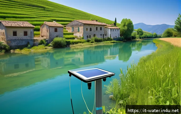 수질환경 직업에 필요한 소프트웨어 - A detailed scene of an advanced water quality monitoring system installed in a natural river environ...
