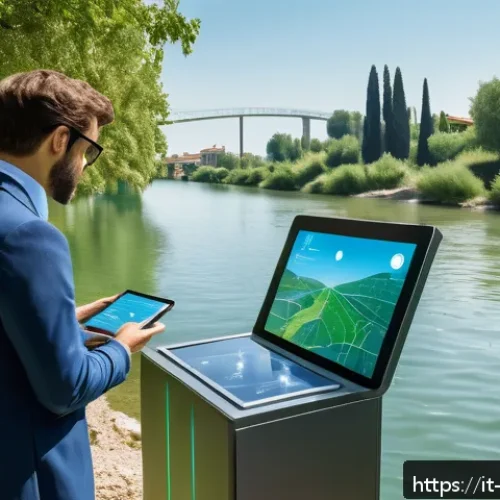 Home 17 수질환경 분야와 환경정책 연관성 - A futuristic water monitoring station set on the banks of an Italian river in Lombardy, featuring sl...