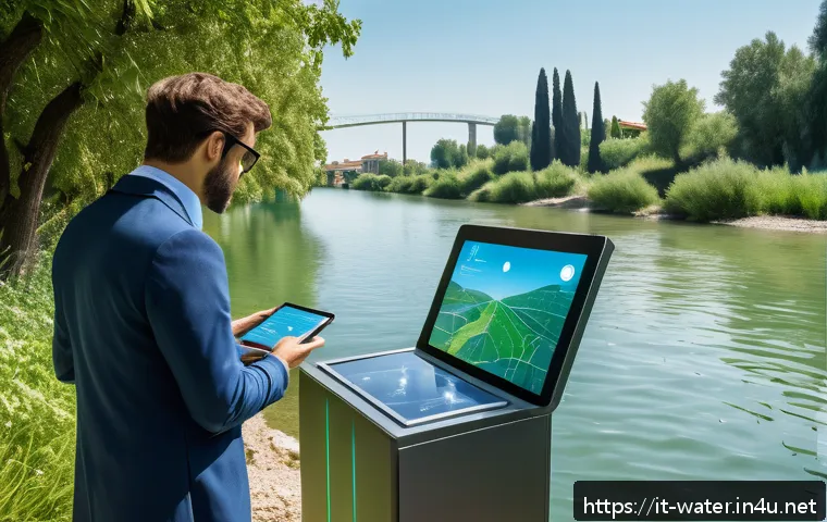 수질환경 분야와 환경정책 연관성 - A futuristic water monitoring station set on the banks of an Italian river in Lombardy, featuring sl...